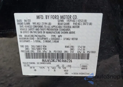 2022 Ford Ecosport Titanium from USA, damaged, VIN 0MAJ6S3KL7NC46622
